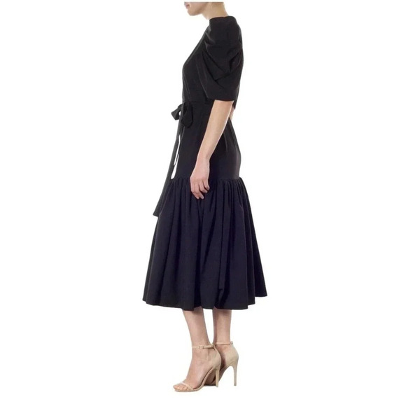 MEEM LABEL Essa Dress Women’s XL Black Crepe Draped Puff Sleeves Boat-neck Midi - Picture 2 of 6